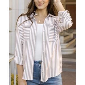 NEW GRACE AND LACE seaside striped button down shirt in tan/ivory